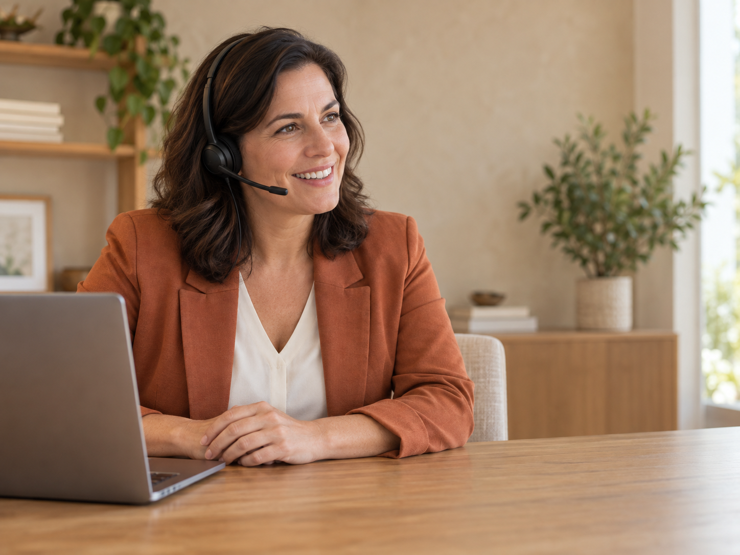 Licensed insurance agent with a headset at her desk