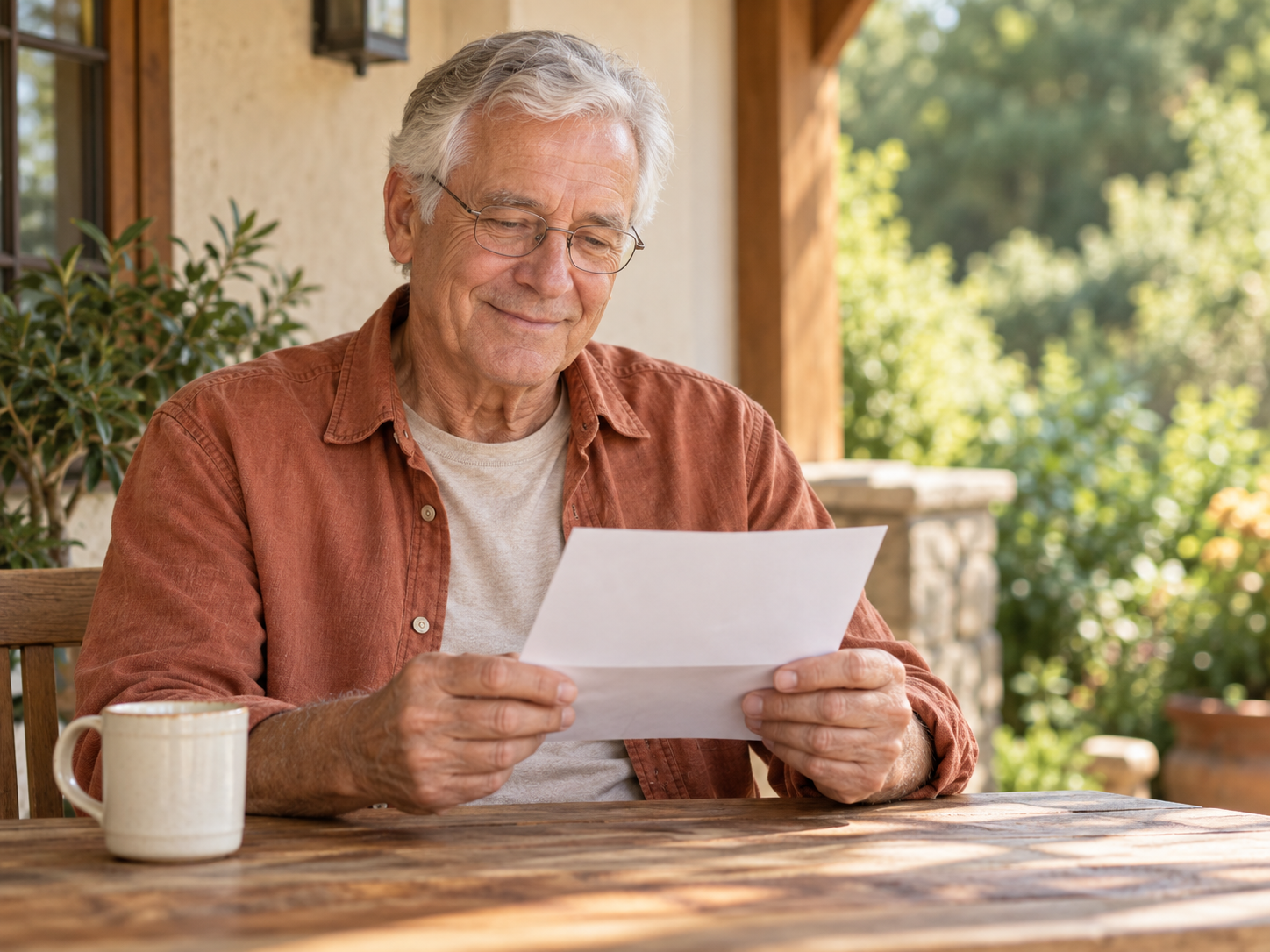 Man reading mail at a porch table